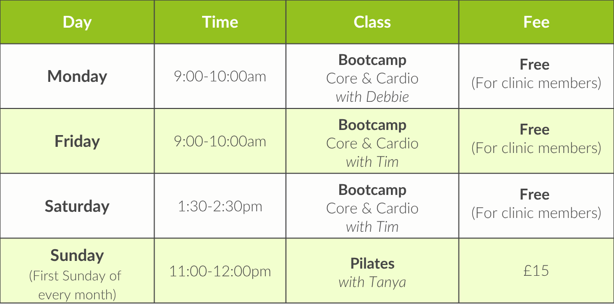 Classes timetable Updated table for web
